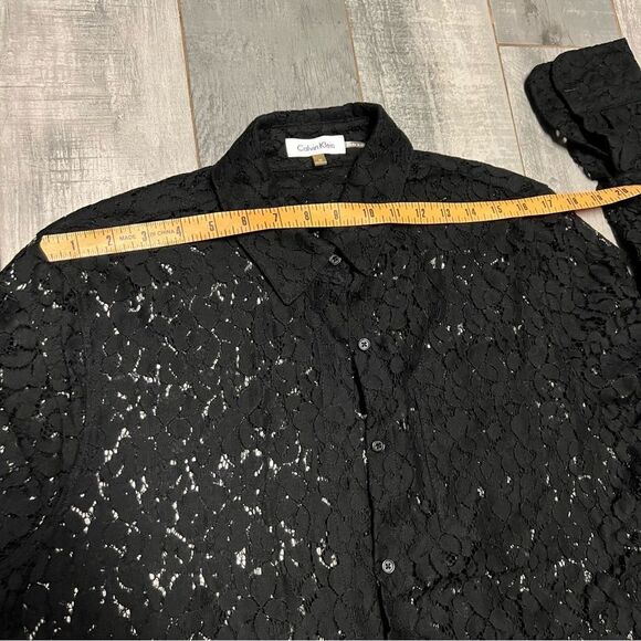 90s Calvin Klein Lace Sheer Black Button Down Tab Sleeve Oversized Tunic Shirt M - Picture 12 of 14